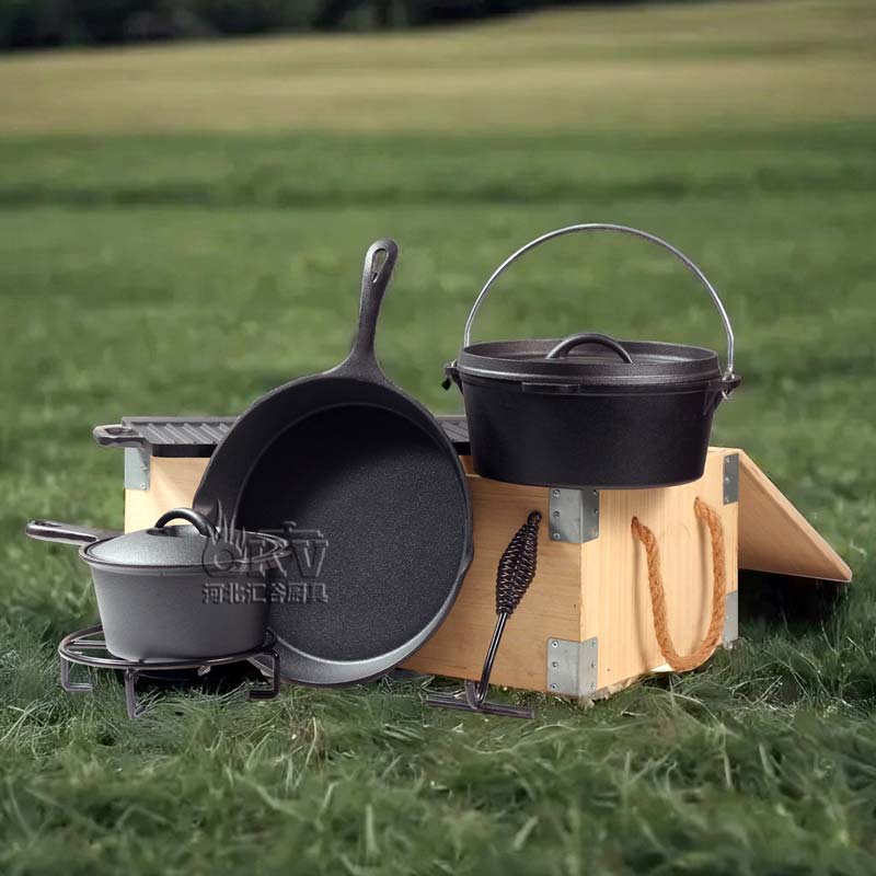 OKV Cast Iron Camping Cookware Set Dutch Pot Hanging Pot Wooden Box Packing Seven Sets