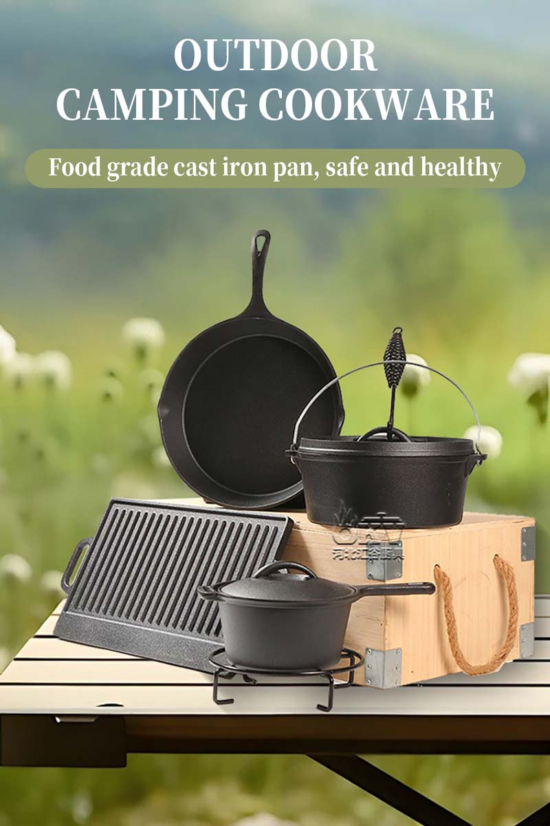 OKV Cast Iron Camping Cookware Set Dutch Pot Hanging Pot Wooden Box Packing Seven Sets