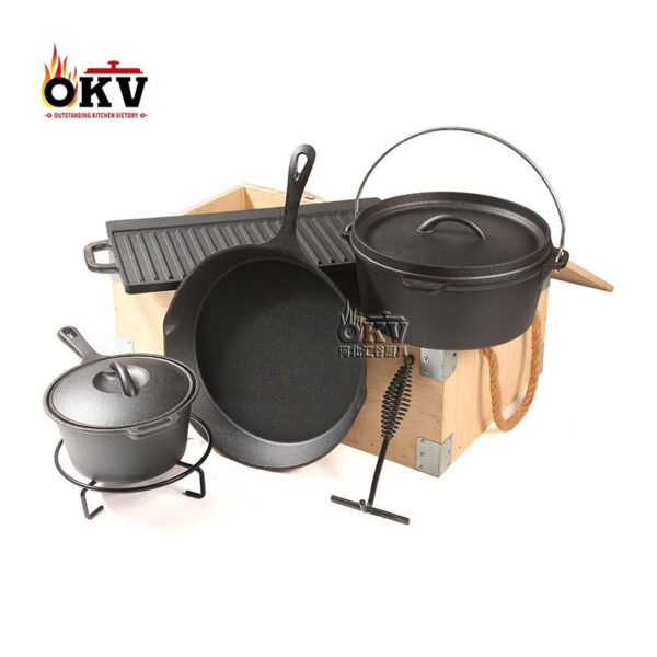 OKV Cast Iron Camping Cookware Set Dutch Pot Hanging Pot Wooden Box Packing Seven Sets