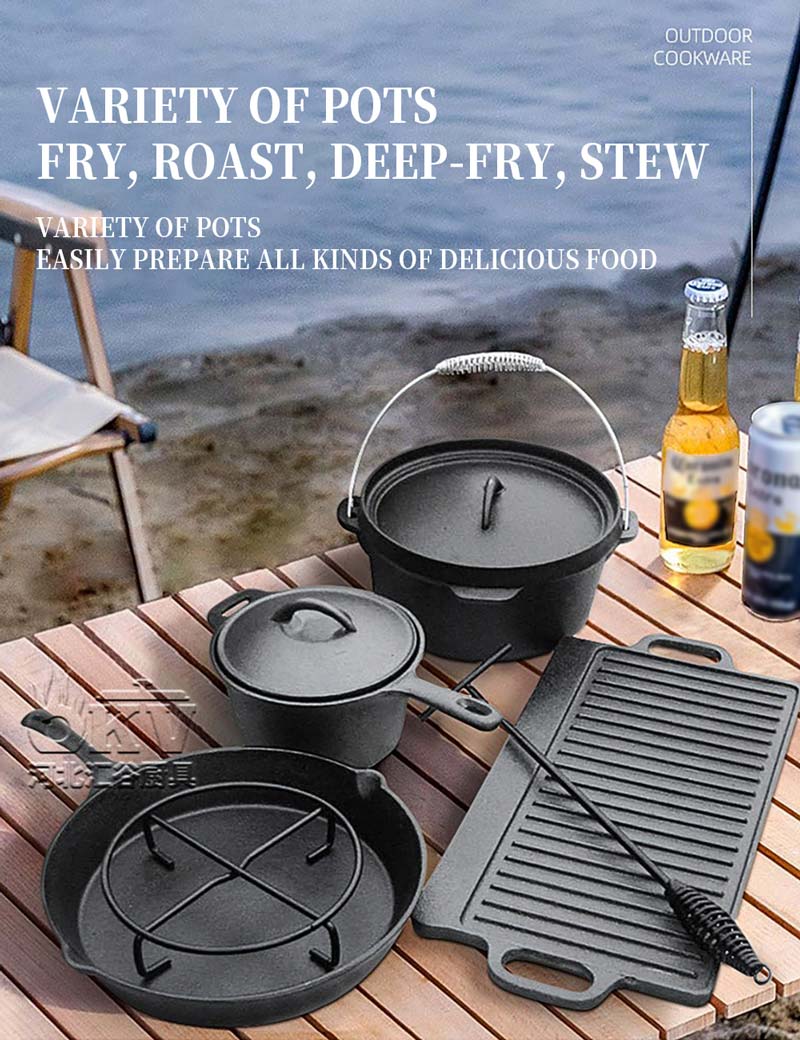 OKV Cast Iron Camping Cookware Set Dutch Pot Hanging Pot Wooden Box Packing Seven Sets