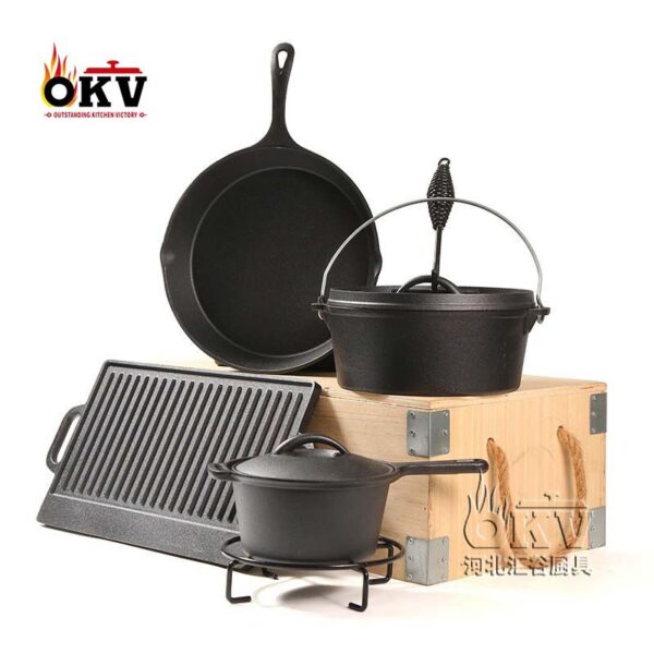 OKV Cast Iron Camping Cookware Set Dutch Pot Hanging Pot Wooden Box Packing Seven Sets