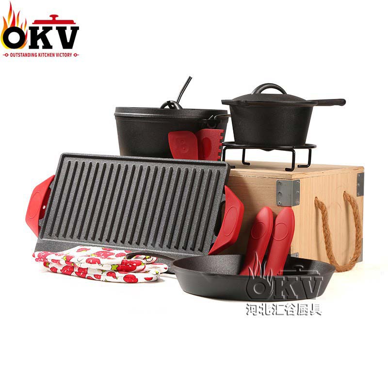 OKV Cast Iron Camping Cookware Set Dutch Pot Hanging Pot Wooden Box Packing Seven Sets