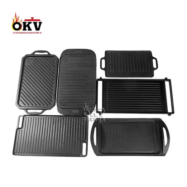 OKV cast iron pan Outdoor double ear striped pan uncoated double side baking sheet