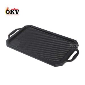 OKV cast iron pan Outdoor double ear striped pan uncoated double side baking sheet