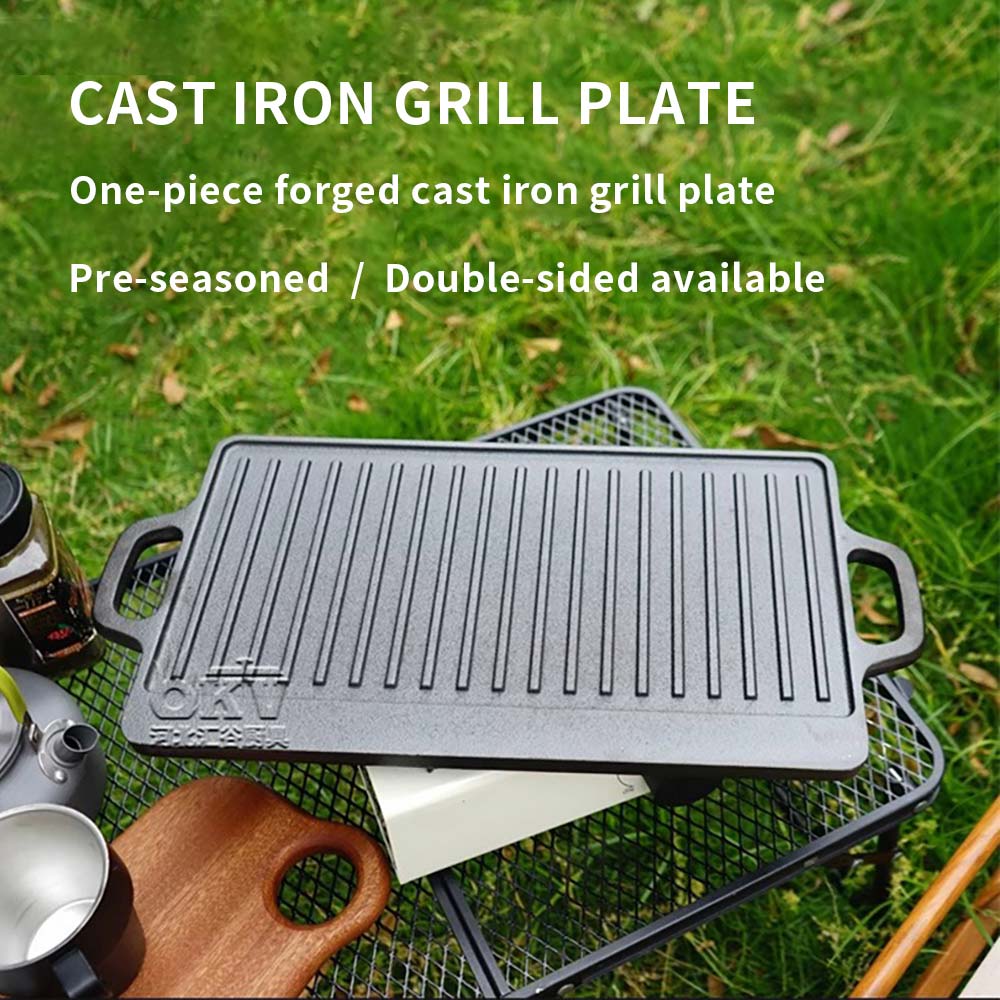 OKV cast iron pan Outdoor double ear striped pan uncoated double side baking sheet