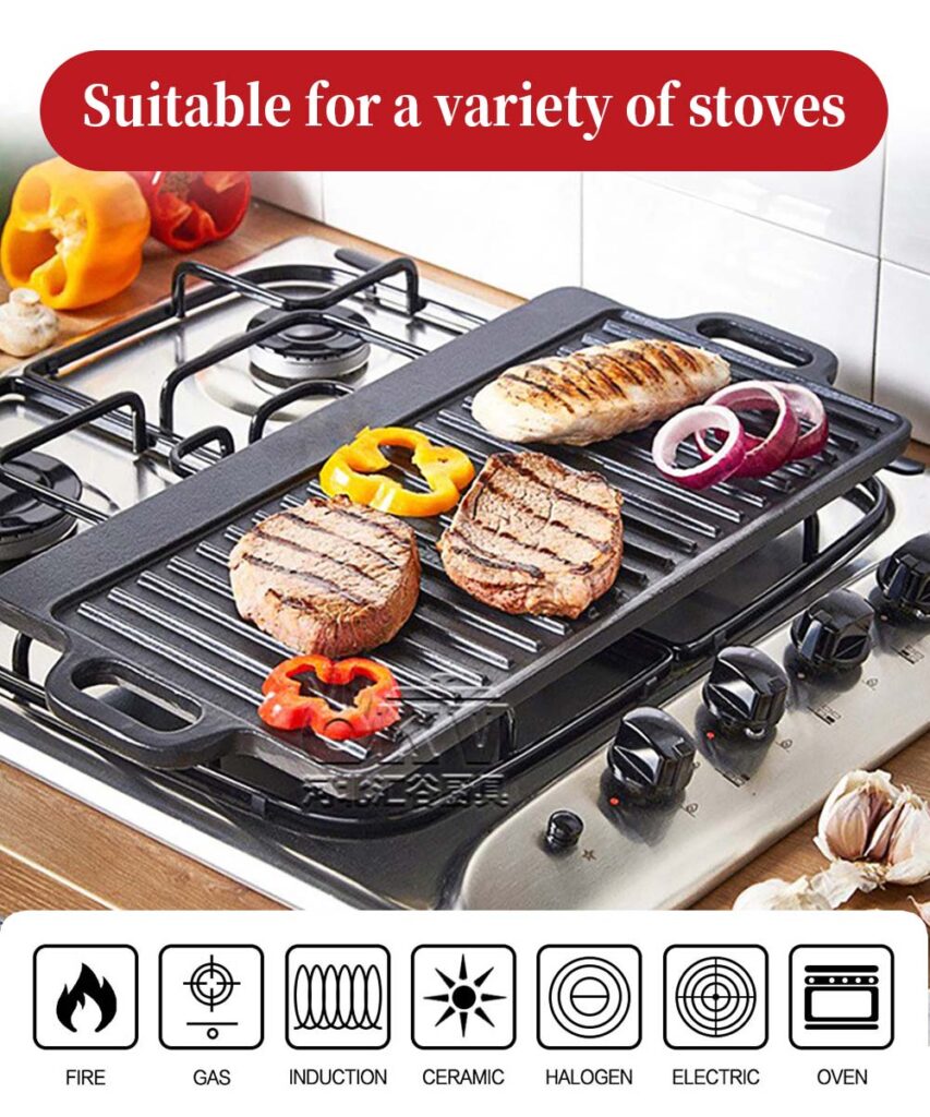 OKV cast iron pan Outdoor double ear striped pan uncoated double side baking sheet