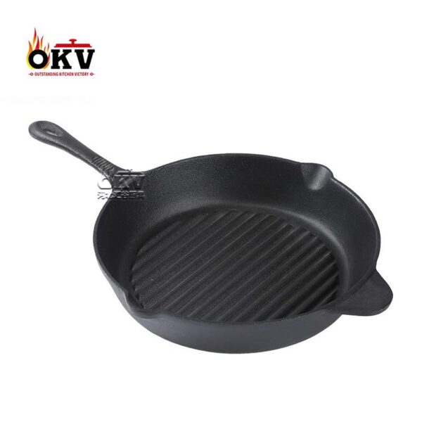 OKV Cast Iron Round Steak Skillet Cast Iron Striped Grill Pan Non-Stick Skillet