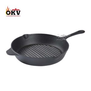 OKV Cast Iron Round Steak Skillet Cast Iron Striped Grill Pan Non-Stick Skillet