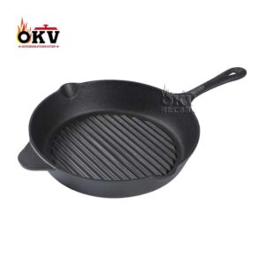 OKV Cast Iron Round Steak Skillet Cast Iron Striped Grill Pan Non-Stick Skillet