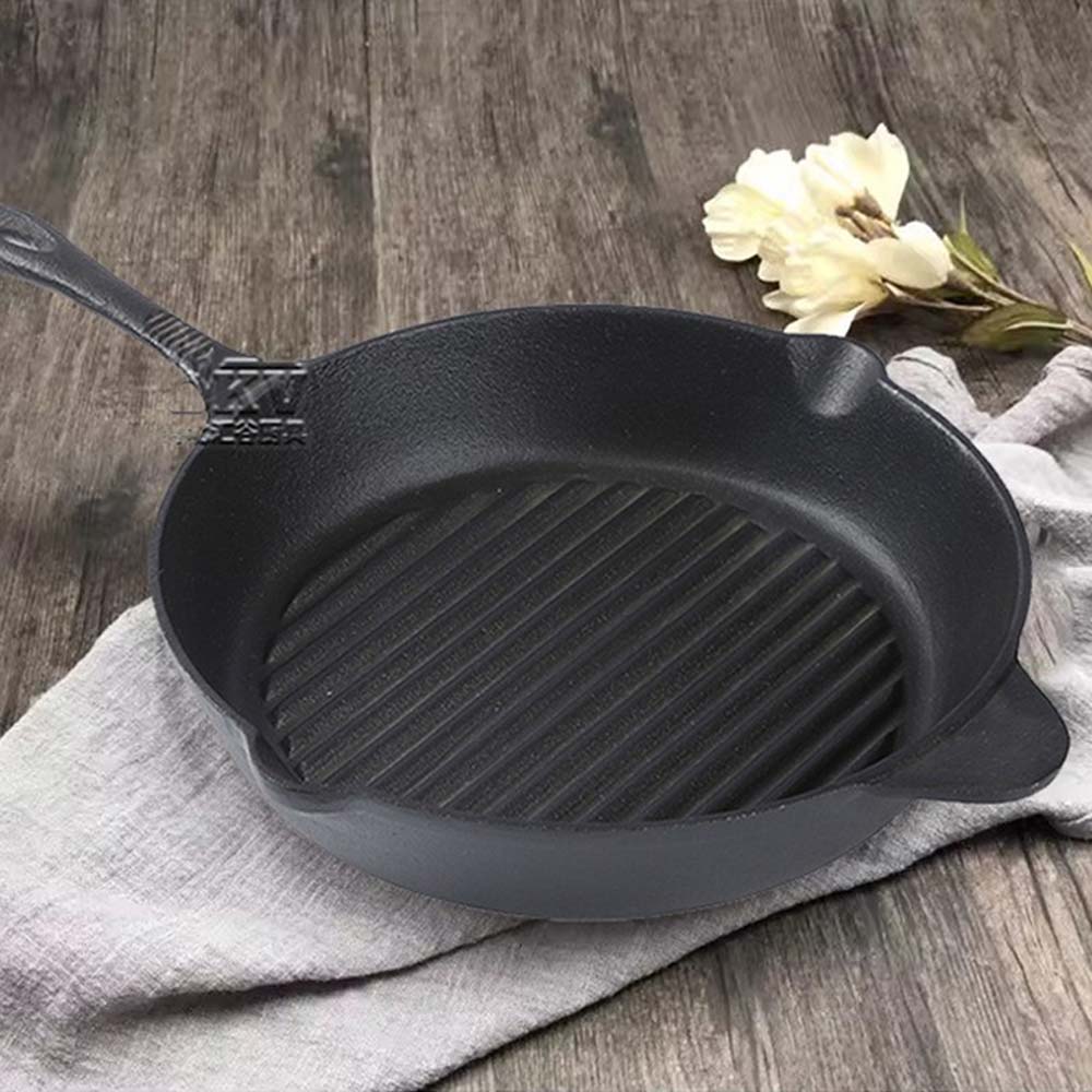 OKV Cast Iron Round Steak Skillet Cast Iron Striped Grill Pan Non-Stick Skillet