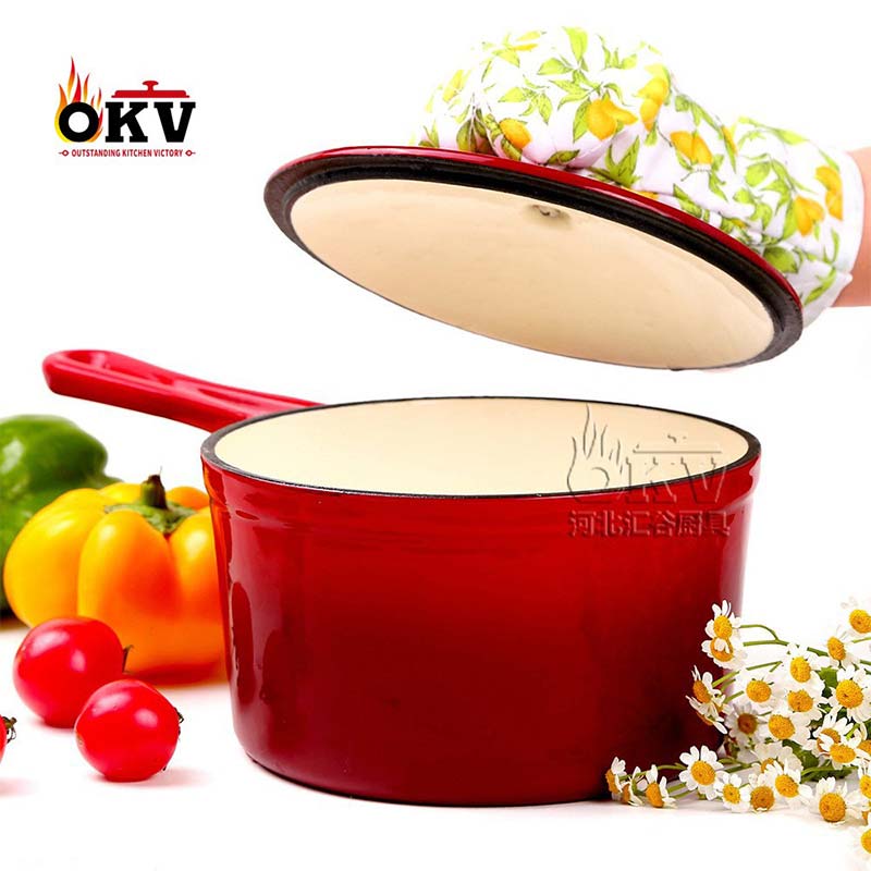 OKV Cast Iron Enamel Stock Pot Non-Stick Long Handle Single Handle Milk Pot 7.2inch (18.5cm)