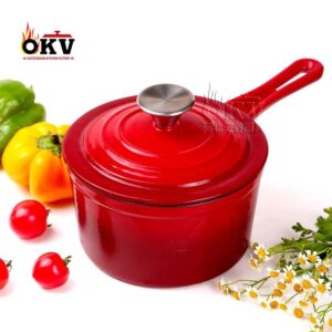 OKV Cast Iron Enamel Stock Pot Non-Stick Long Handle Single Handle Milk Pot 7.2inch (18.5cm)