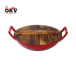 OKV Cast Iron Red Enamel Wok Wok Uncoated Feed Wood Cover, 14.1 inch (36cm)