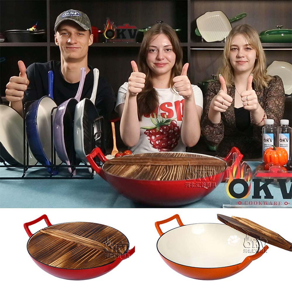 OKV Cast Iron Red Enamel Wok Wok Uncoated Feed Wood Cover, 14.1 inch (36cm)