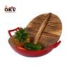 OKV Cast Iron Red Enamel Wok Wok Uncoated Feed Wood Cover, 14.1 inch (36cm)