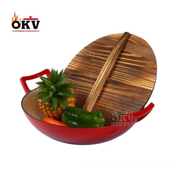 OKV Cast Iron Red Enamel Wok Wok Uncoated Feed Wood Cover, 14.1 inch (36cm)