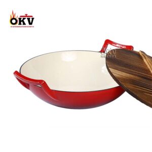 OKV Cast Iron Red Enamel Wok Wok Uncoated Feed Wood Cover, 14.1 inch (36cm)