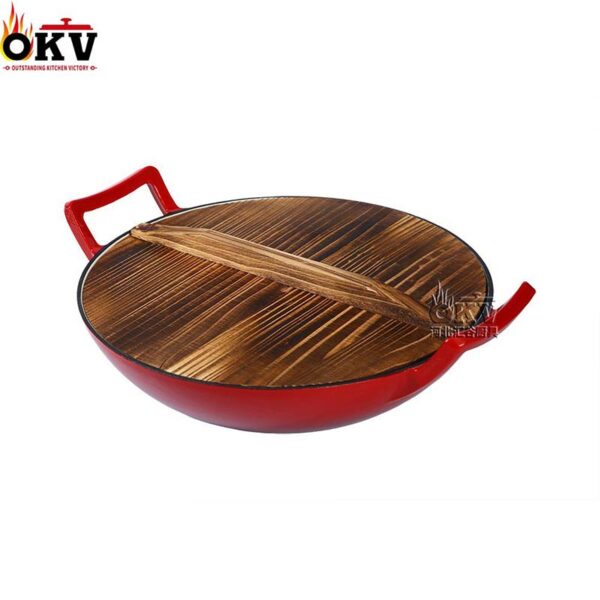 OKV Cast Iron Red Enamel Wok Wok Uncoated Feed Wood Cover, 14.1 inch (36cm)