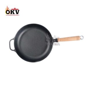 OKV Cast Iron Skillet Uncoated Non-Stick Wooden Handle