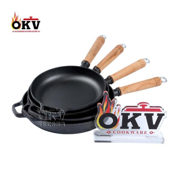 OKV Cast Iron Skillet Uncoated Non-Stick Wooden Handle