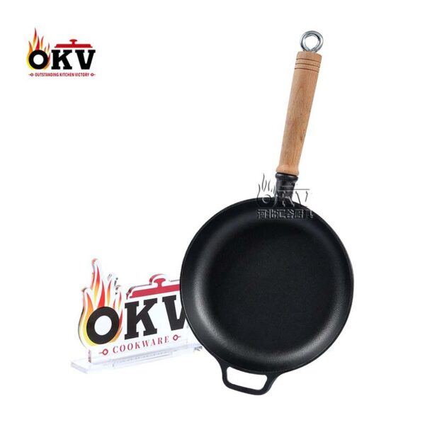 OKV Cast Iron Skillet Uncoated Non-Stick Wooden Handle