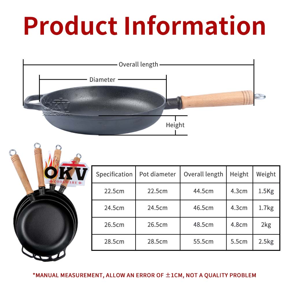 OKV Cast Iron Skillet Uncoated Non-Stick Wooden Handle