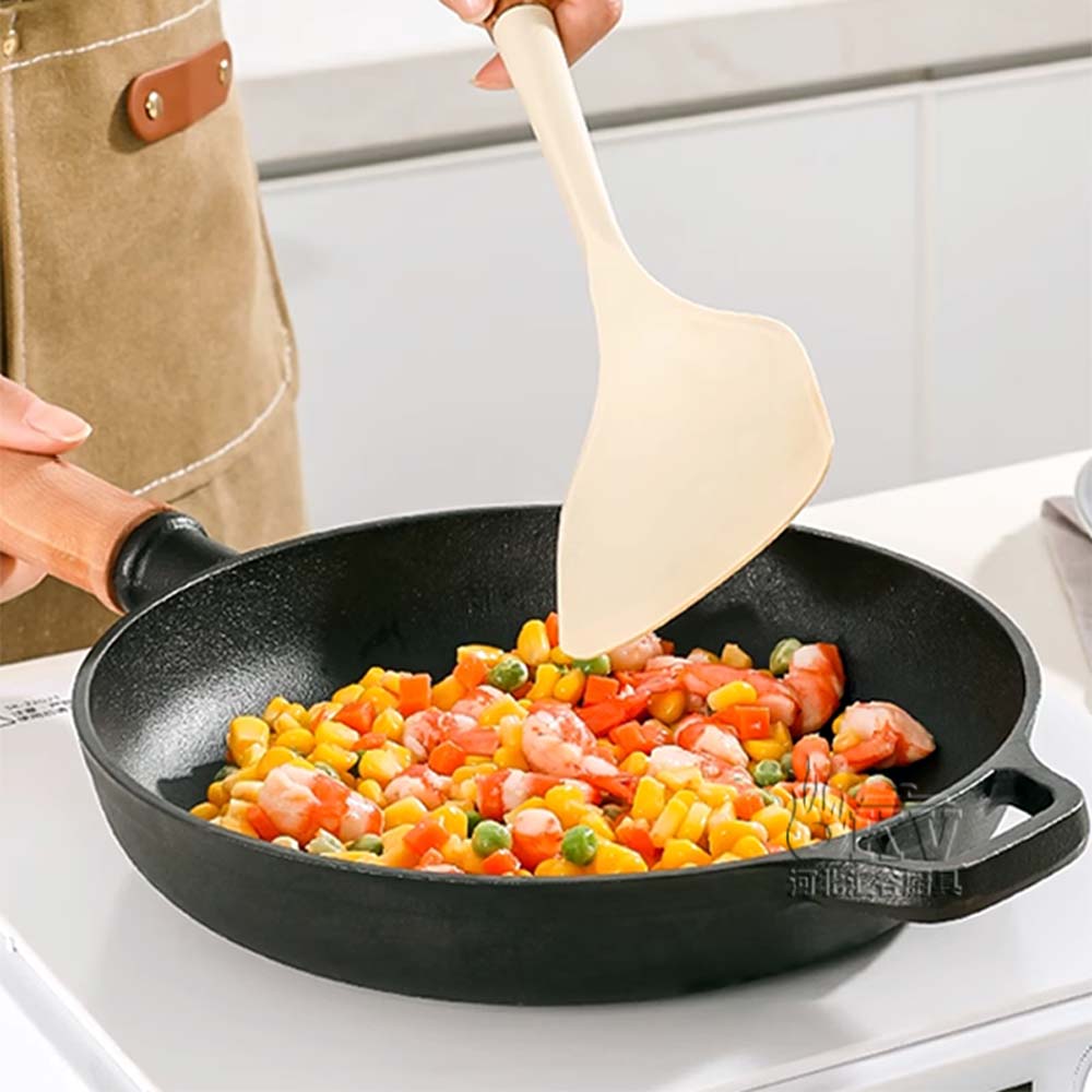 OKV Cast Iron Skillet Uncoated Non-Stick Wooden Handle