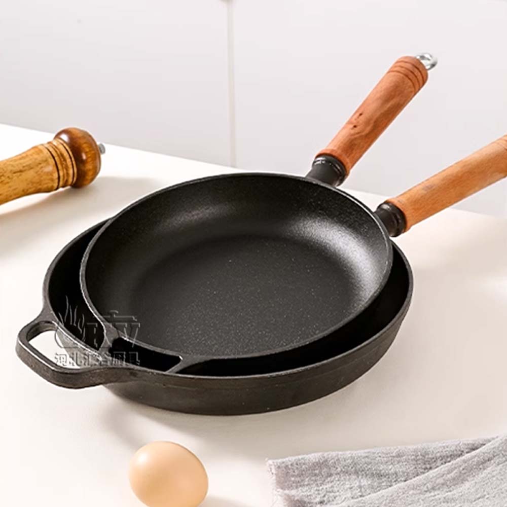 OKV Cast Iron Skillet Uncoated Non-Stick Wooden Handle