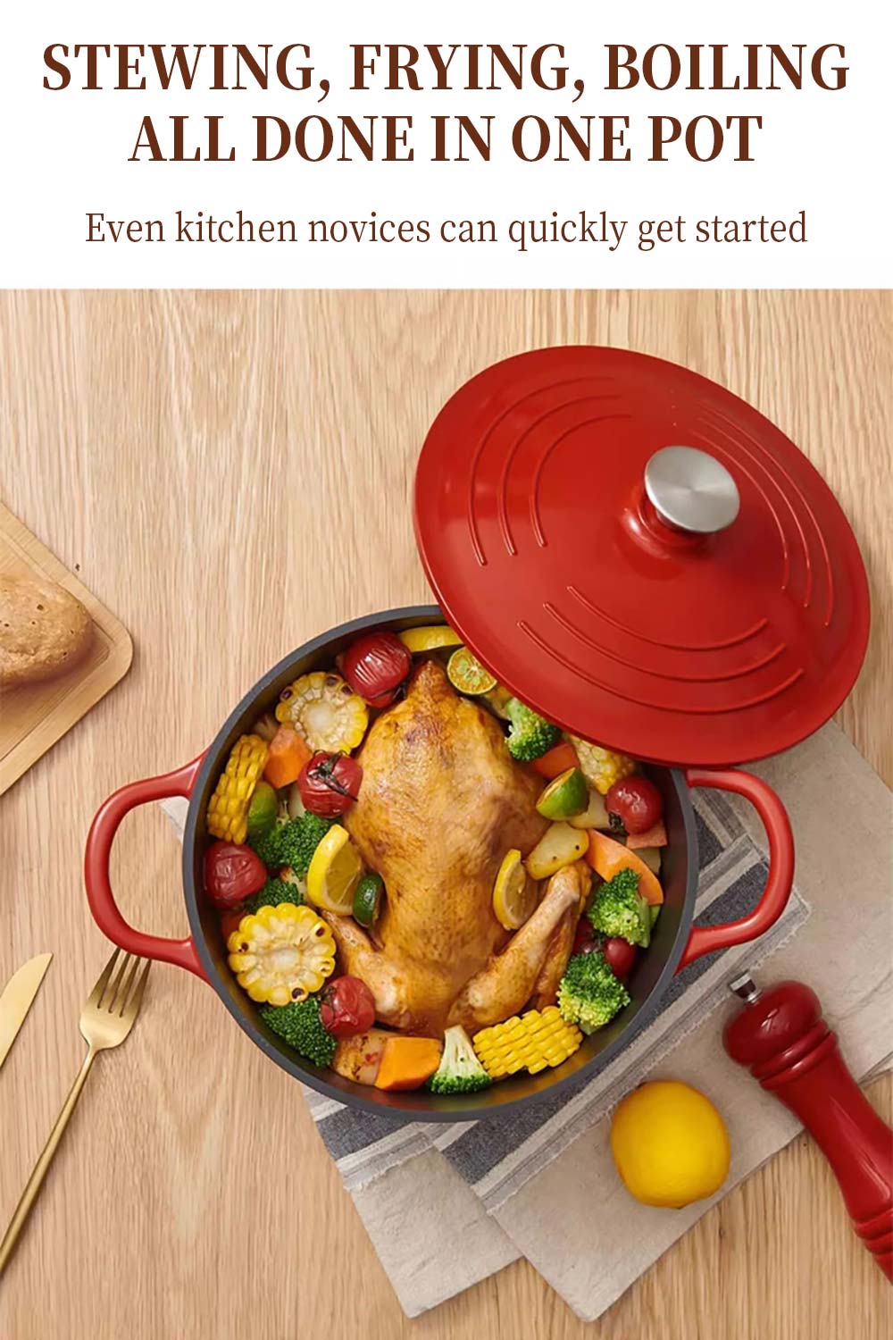 CAST-IRON POT：22cm enameled cast-iron Dutch oven pot for baking, braising, roasting, and more; hand-wash and dishwasher safe HIGH COMPATIBILITY：Compatible with all cooktops including gas, electric, glass, ceramic, induction, and halogen; oven-safe to 400 degrees EVEN HEATING：Optimized with an interior that resists staining, dulling, and wear and tear; Superior heat distribution and retention; Built-in condensation bumps for self-basting EASY USE：Cook on the stove-top or in the oven, then take straight to the table for easy service; Cream enamel coating makes for an easy cleanup