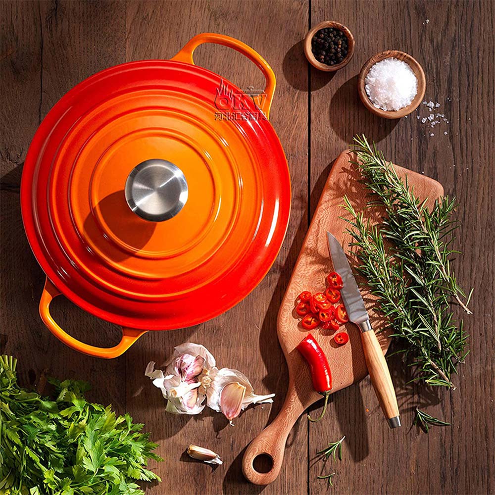 Available in a variety of sizes, this enameled Dutch oven is perfect for cooking, marinating, chilling, and freezing. The color porcelain enamel on cast iron can be used on gas, electric, ceramic, as well as in the ven. The cookware is cast from molten iron in individual sand molds then coated with multiple porcelain layers. The porcelain surface eliminates the need to season cast iron creating a smooth, hard surface that is easy to clean while maintaining superior heat distribution and heat retention. Better heat retention will actually reduce the amount of energy needed for cooking so it saves money. Tightly fitting lid seals in moisture. Stainless steel knob is oven safe to 500-Degree Fahrenheit. Not recommended for use on outdoor grills or over open outdoor flames. Not for use in microwaves. Although dishwasher safe, hand washing with warm soapy water is recommended to preserve the cookware's original appearance.