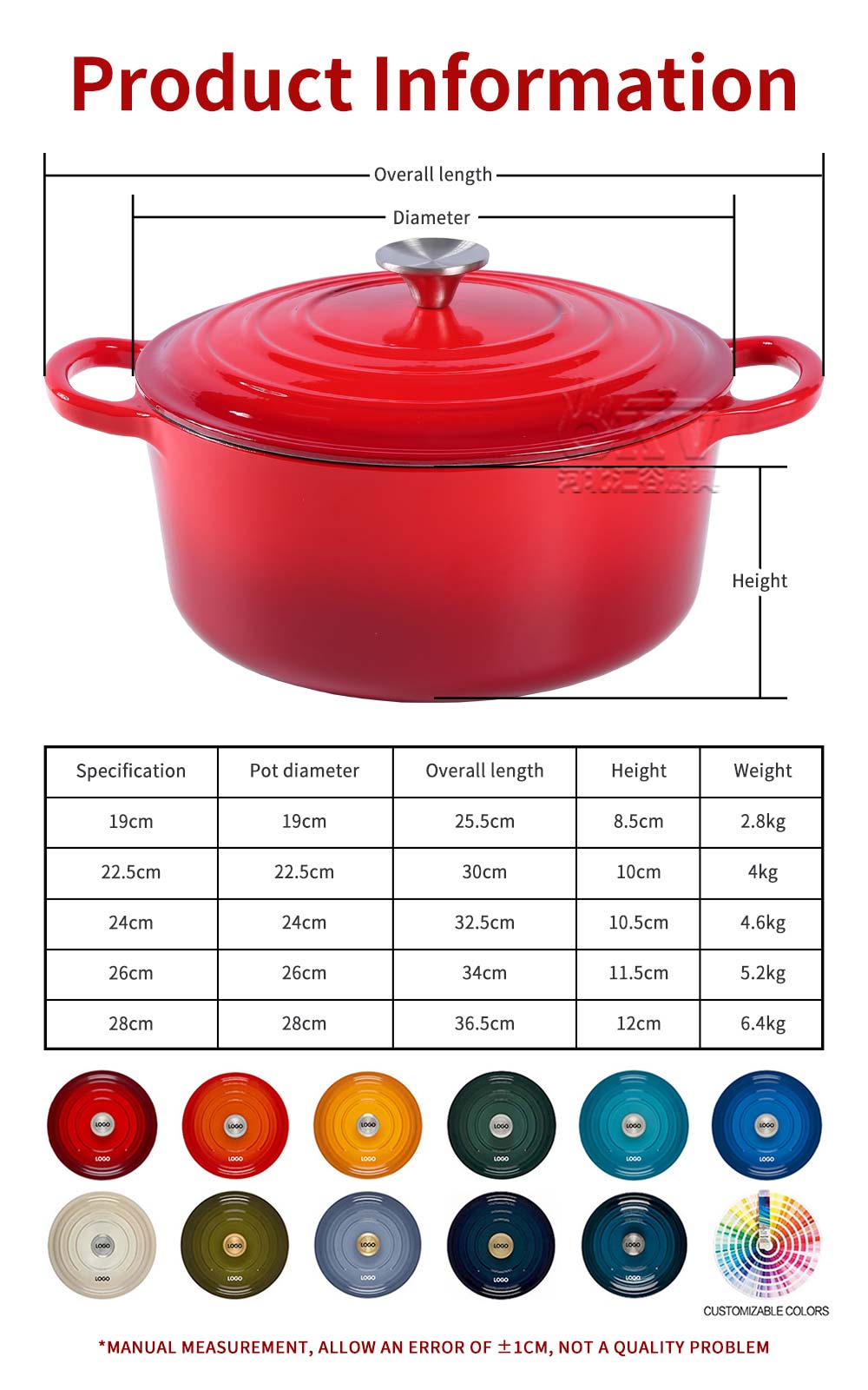 Available in a variety of sizes, this enameled Dutch oven is perfect for cooking, marinating, chilling, and freezing. The color porcelain enamel on cast iron can be used on gas, electric, ceramic, as well as in the ven. The cookware is cast from molten iron in individual sand molds then coated with multiple porcelain layers. The porcelain surface eliminates the need to season cast iron creating a smooth, hard surface that is easy to clean while maintaining superior heat distribution and heat retention. Better heat retention will actually reduce the amount of energy needed for cooking so it saves money. Tightly fitting lid seals in moisture. Stainless steel knob is oven safe to 500-Degree Fahrenheit. Not recommended for use on outdoor grills or over open outdoor flames. Not for use in microwaves. Although dishwasher safe, hand washing with warm soapy water is recommended to preserve the cookware's original appearance.