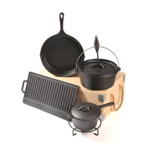 OKV Portable Cast Iron Cookware Set – 7-Piece Camping Kit with Wood Box for Fire, Grill, Stove